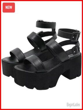 Gothic Platform Sandals Ankle Strap Chunky High Heels Open Toe Slingback